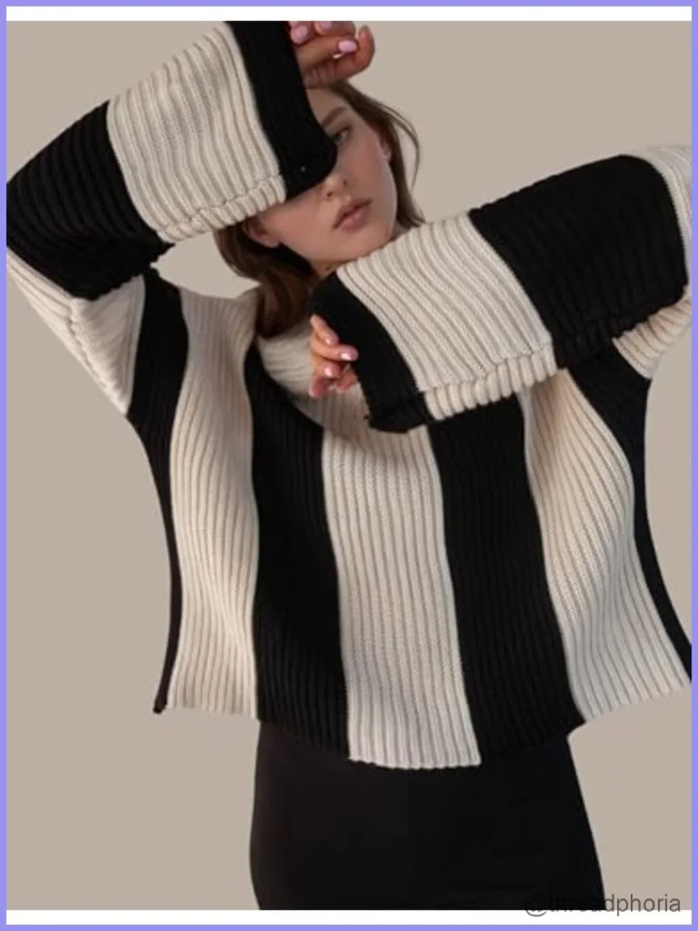 Womens Striped Bell Sleeve Pullover Sweater Loose Color Block Crew Neck Knit